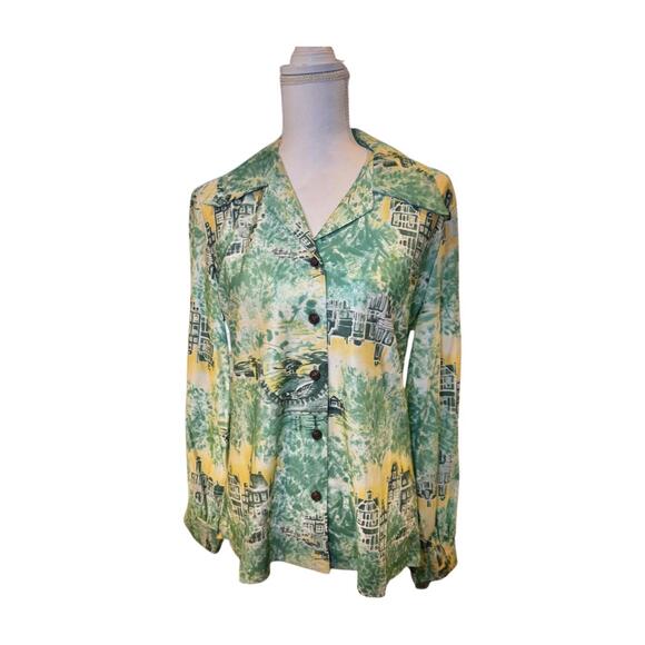 Vintage Green and Yellow Patterned Long Sleeve Blouse, Small - Picture 1 of 5